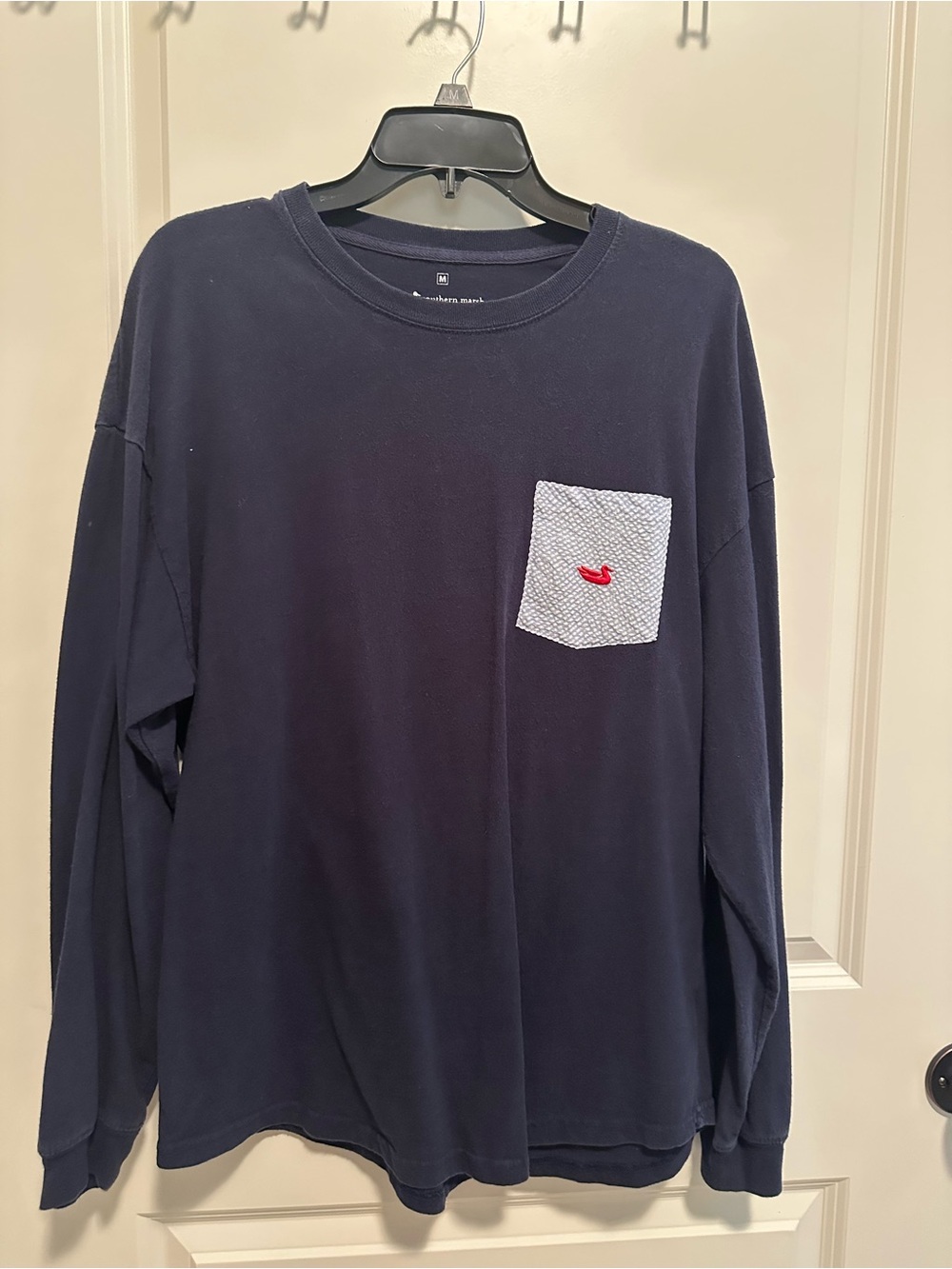 Southern Marsh Navy Long-Sleeve Tee with White Contrast Pocket and Red Logo
